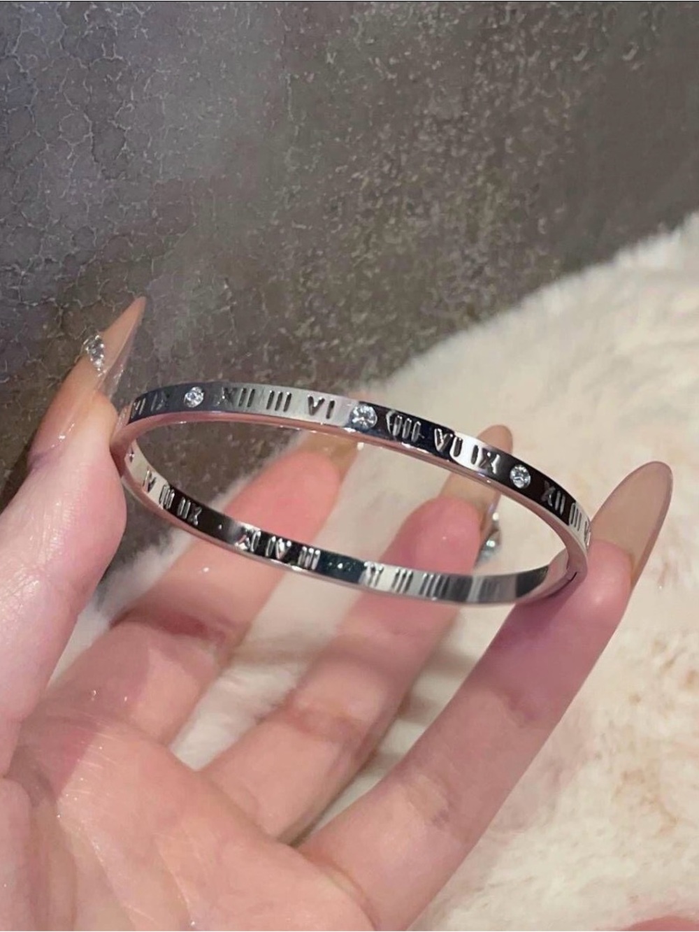 Silver Roman Numeral Bangle Bracelet with Crystal Accents